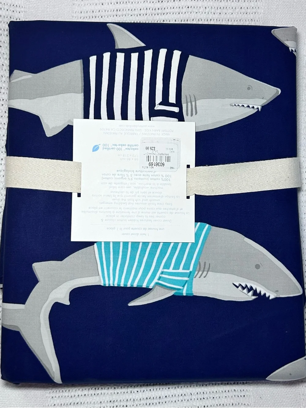 New Pottery Barn Kids Preppy Breton Shark Twin Duvet Navy Blue